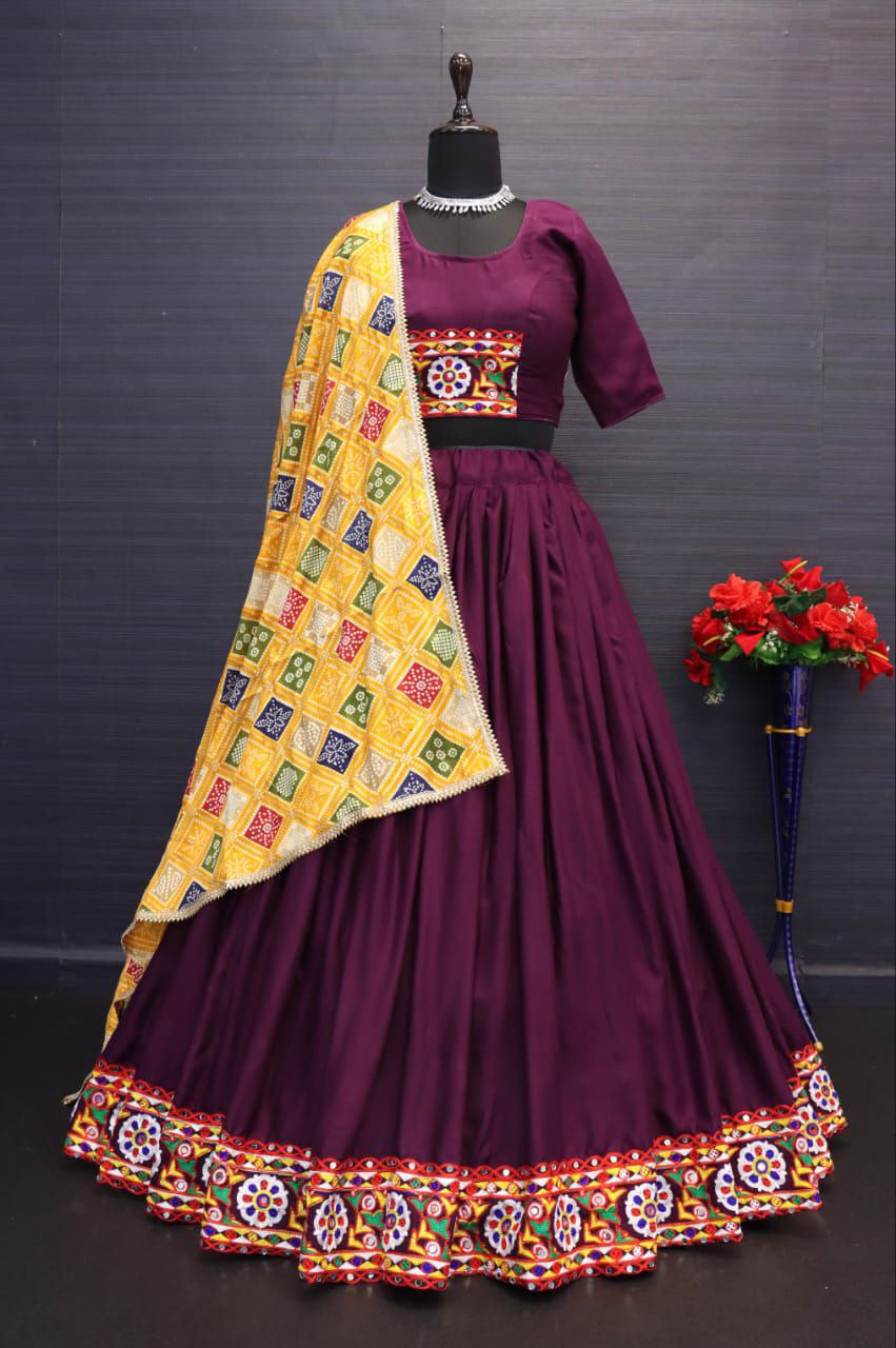 Purple Pure Rayon Cotton Lehnga With Chain Stitch Kutchi Embroidery Work Navratri Lehenga Choli