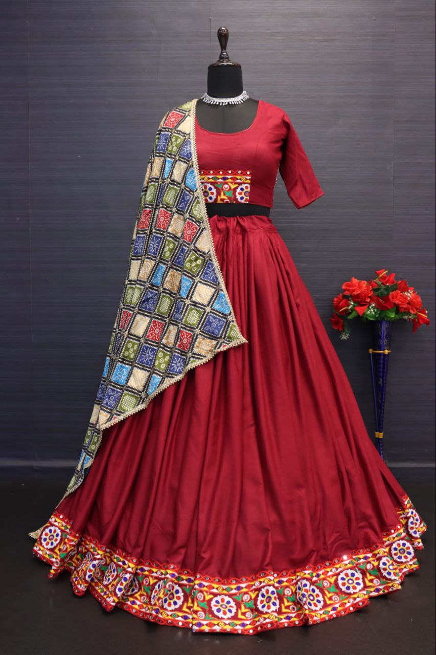 Maroon Pure Rayon Cotton Lehnga With Chain Stitch Kutchi Embroidery Work Navratri Lehenga Choli