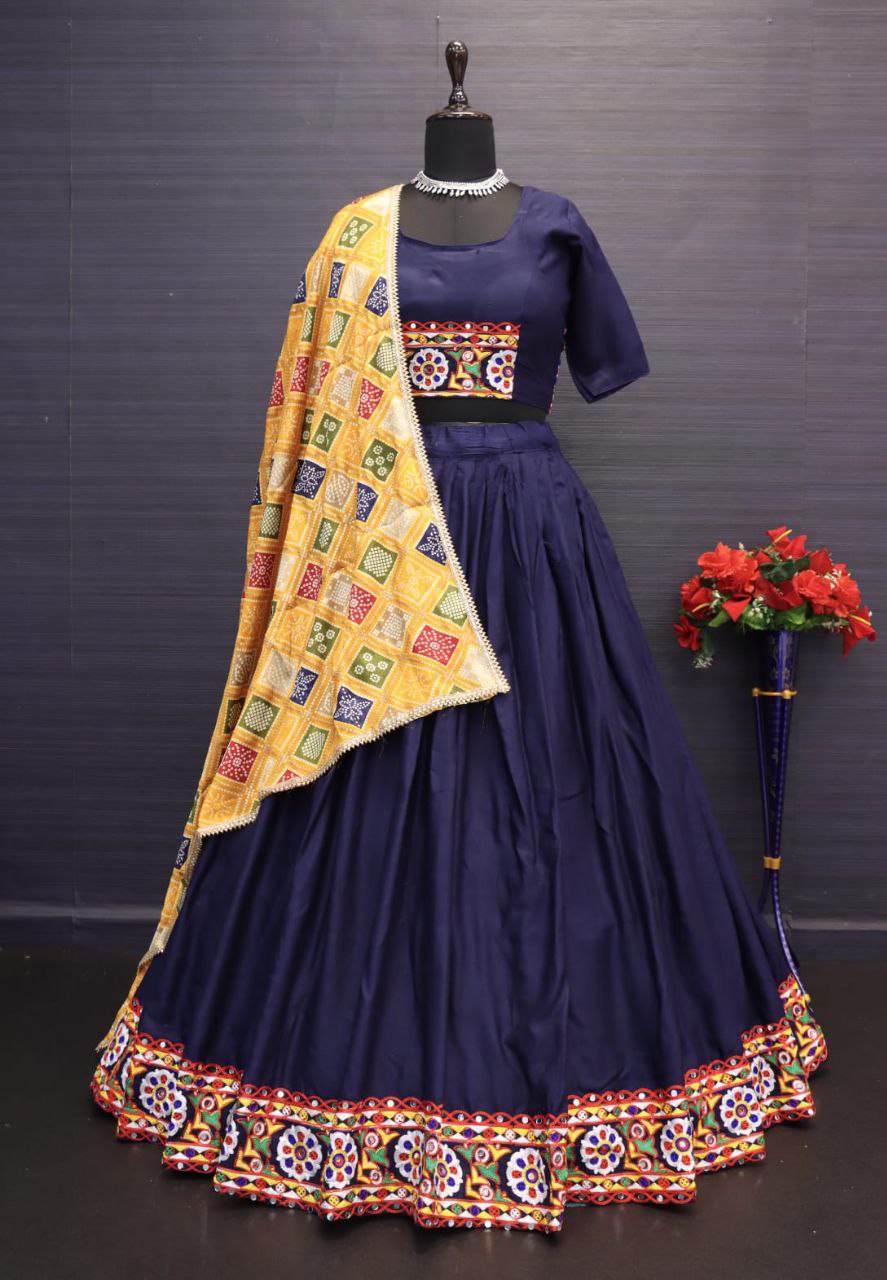 Dark Blue Pure Rayon Cotton Lehnga With Chain Stitch Kutchi Embroidery Work Navratri Lehenga Choli