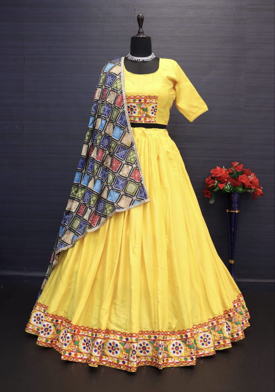 Yellow Pure Rayon Cotton Lehnga With Chain Stitch Kutchi Embroidery Work Navratri Lehenga Choli