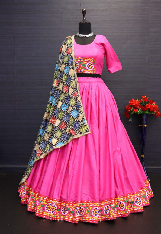 Pink Pure Rayon Cotton Lehnga With Chain Stitch Kutchi Embroidery Work Navratri Lehenga Choli