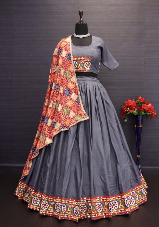 Dark Gray Pure Rayon Cotton Lehnga With Chain Stitch Kutchi Embroidery Work Navratri Lehenga Choli