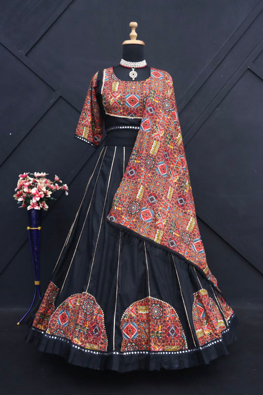 Black Color Pure Rayon Cotton Printed Patch And Lace Work And Mirrors Lace Stitched Lehenga Choli