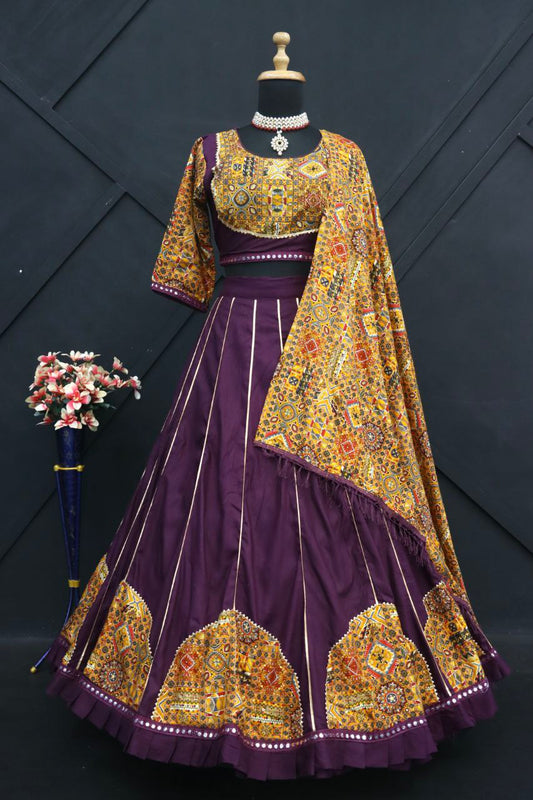 Purple Color Pure Rayon Cotton Printed Patch And Lace Work And Mirrors Lace Stitched Lehenga Choli