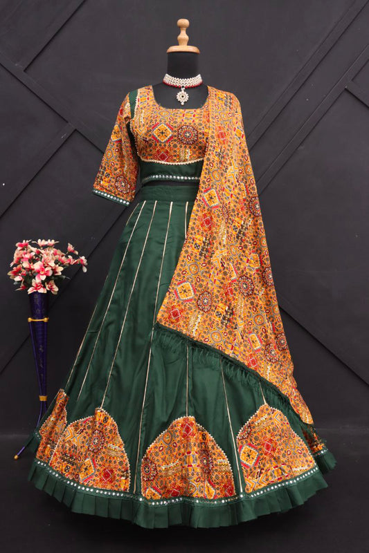 Green Color Pure Rayon Cotton Printed Patch And Lace Work And Mirrors Lace Stitched Lehenga Choli