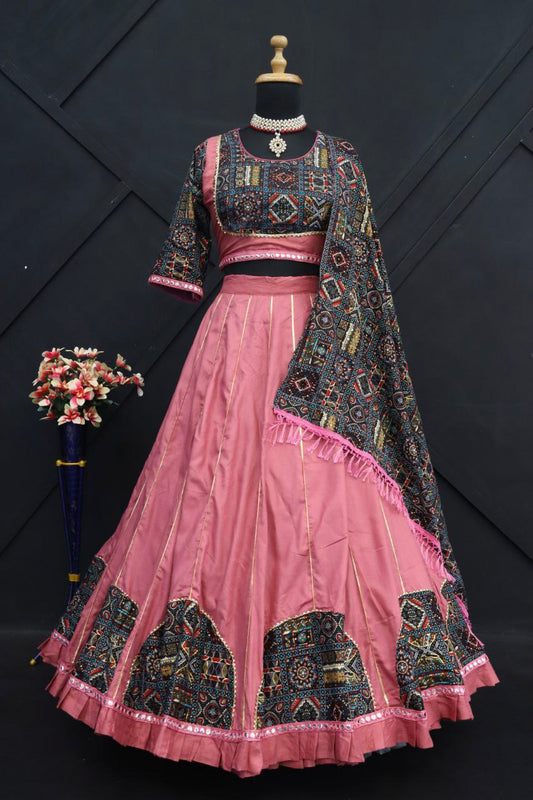 Pink Color Pure Rayon Cotton Printed Patch And Lace Work And Mirrors Lace Stitched Lehenga Choli