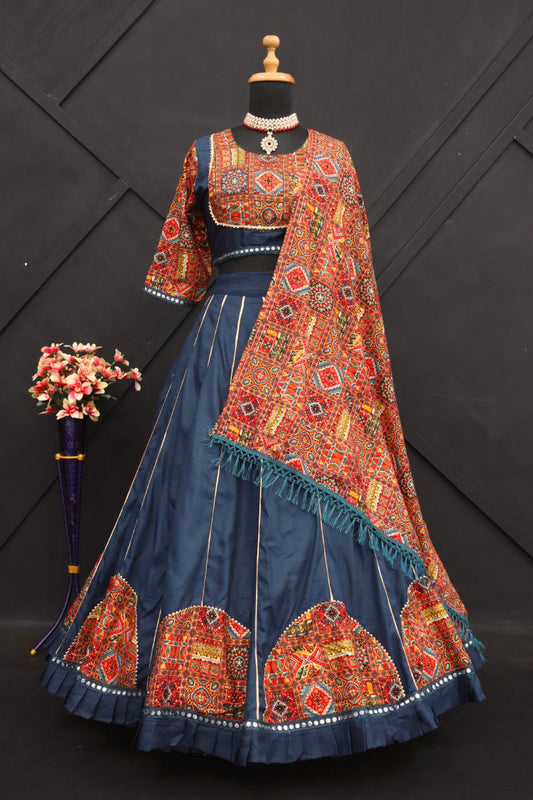 Blue Color Pure Rayon Cotton Printed Patch And Lace Work And Mirrors Lace Stitched Lehenga Choli