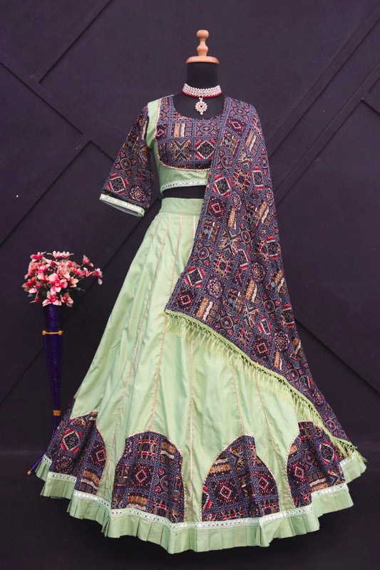 Pista Color Pure Rayon Cotton Printed Patch And Lace Work And Mirrors Lace Stitched Lehenga Choli