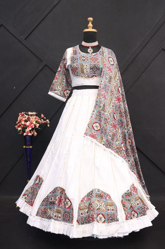 White Color Pure Rayon Cotton Printed Patch And Lace Work And Mirrors Lace Stitched Lehenga Choli