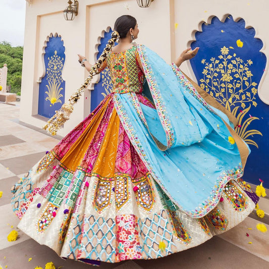 Multicolor Fancy Digital Print Soft Butter Silk Real Mirror Work Navaratri Lehenga Choli