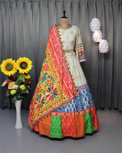 Multicolor Fancy Digital Print With Real Mirror Work Navaratri Lehenga Choli