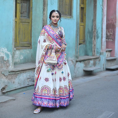 White Color Fancy Digital Print With Real Mirror Work Navaratri Lehenga Choli