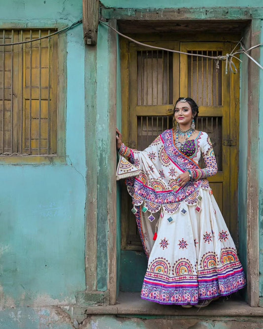 White Color Fancy Digital Print With Real Mirror Work Navaratri Lehenga Choli