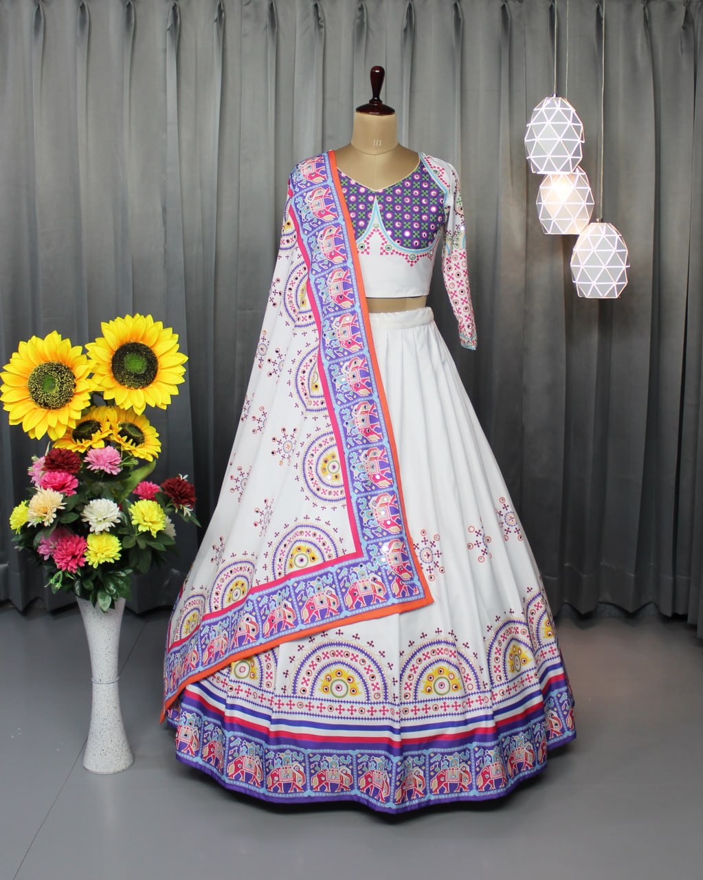 White Color Fancy Digital Print With Real Mirror Work Navaratri Lehenga Choli