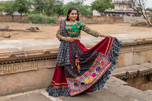 Red Multicolor Fancy Digital Print With Real Mirror Work Navaratri Lehenga Choli