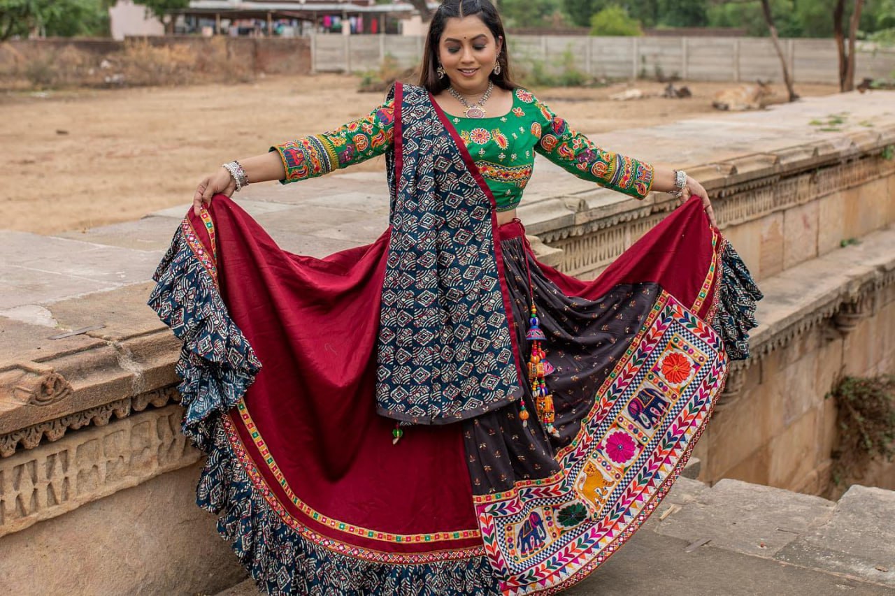 Red Multicolor Fancy Digital Print With Real Mirror Work Navaratri Lehenga Choli