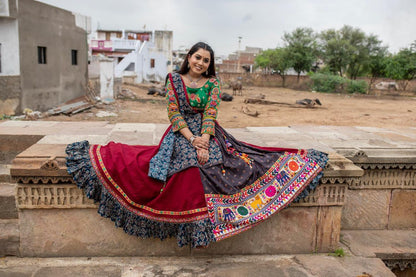 Red Multicolor Fancy Digital Print With Real Mirror Work Navaratri Lehenga Choli