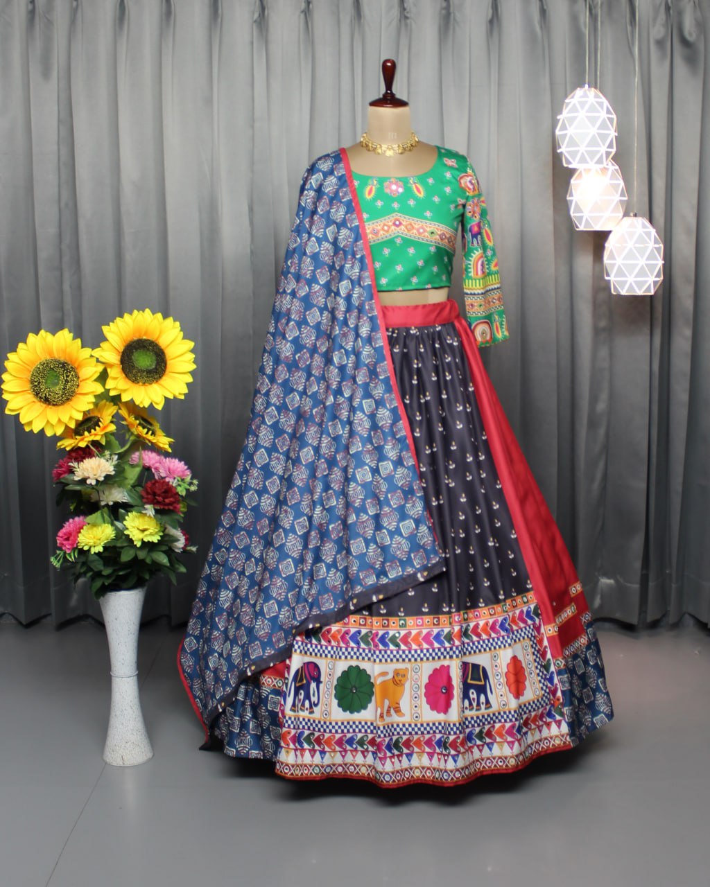 Red Multicolor Fancy Digital Print With Real Mirror Work Navaratri Lehenga Choli