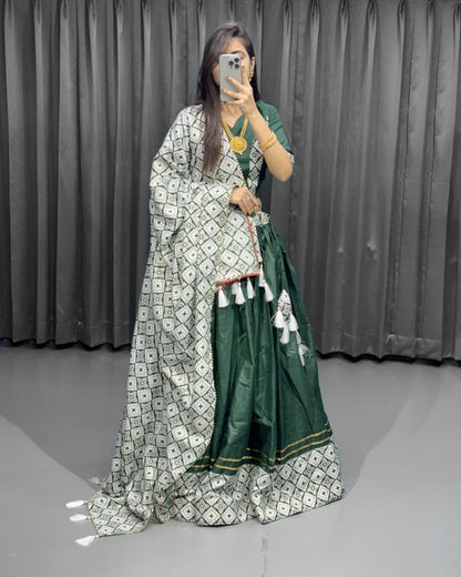 Green Color Cotton Plain And Printed With Gotta Patti Touch Up Lehenga Choli