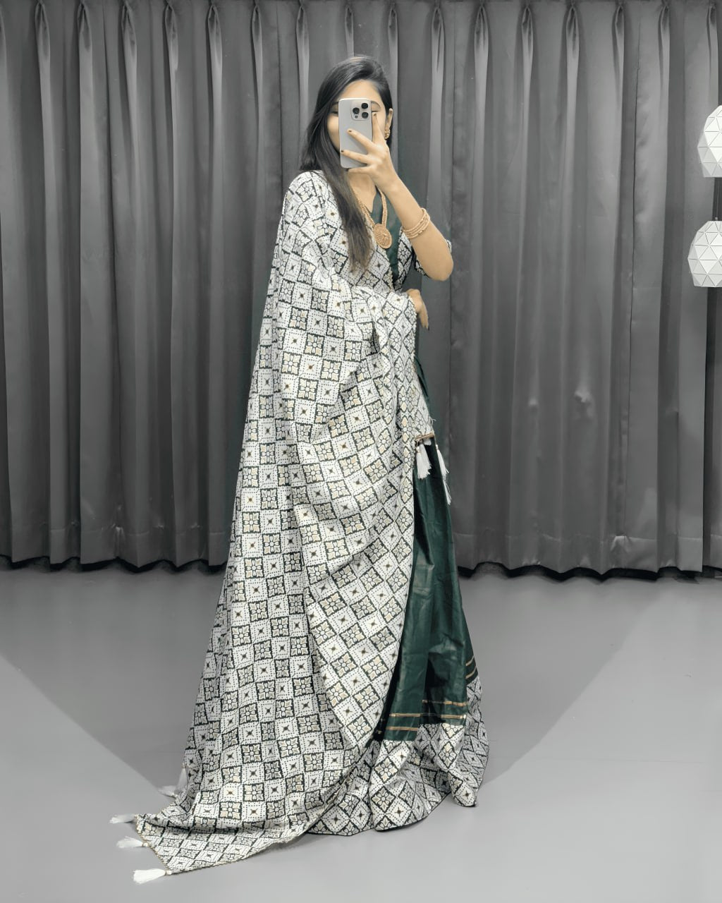 Green Color Cotton Plain And Printed With Gotta Patti Touch Up Lehenga Choli