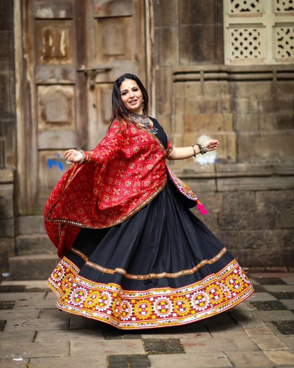 Red Black Maslin Cotton Fancy Digital Print With Real Mirror Work Navaratri Lehenga Choli