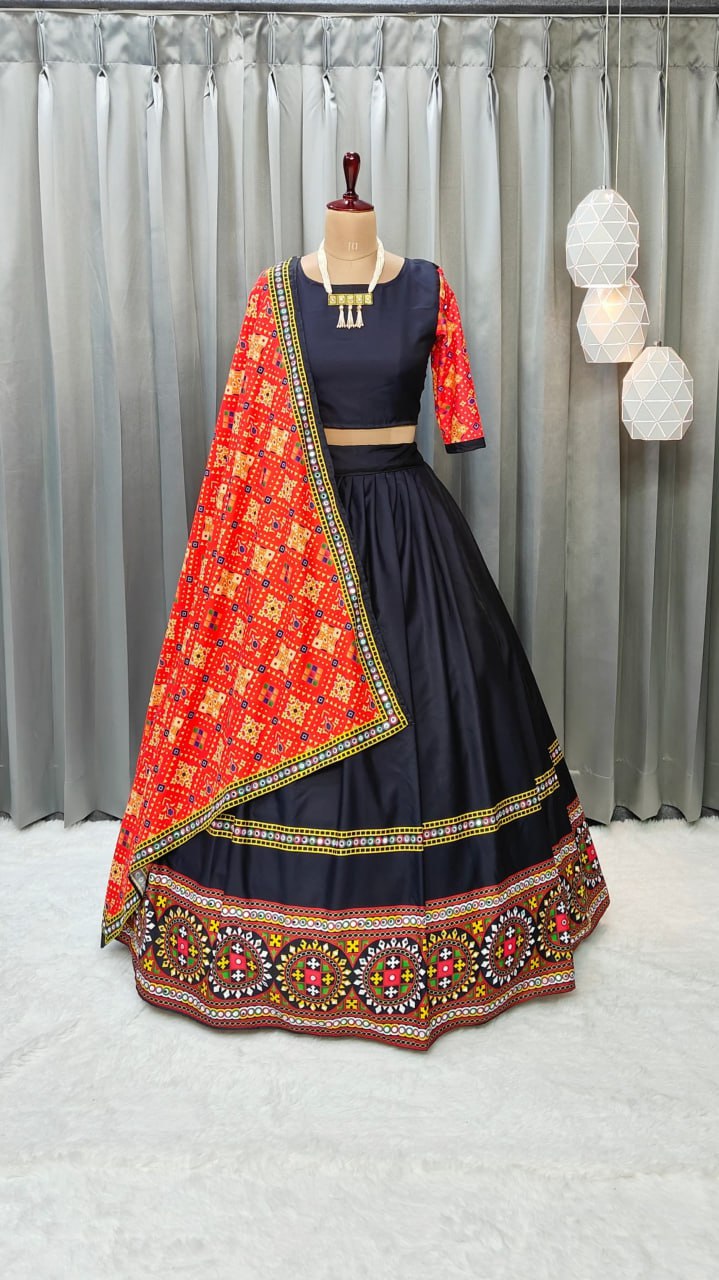 Red Black Maslin Cotton Fancy Digital Print With Real Mirror Work Navaratri Lehenga Choli