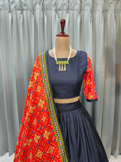 Red Black Maslin Cotton Fancy Digital Print With Real Mirror Work Navaratri Lehenga Choli