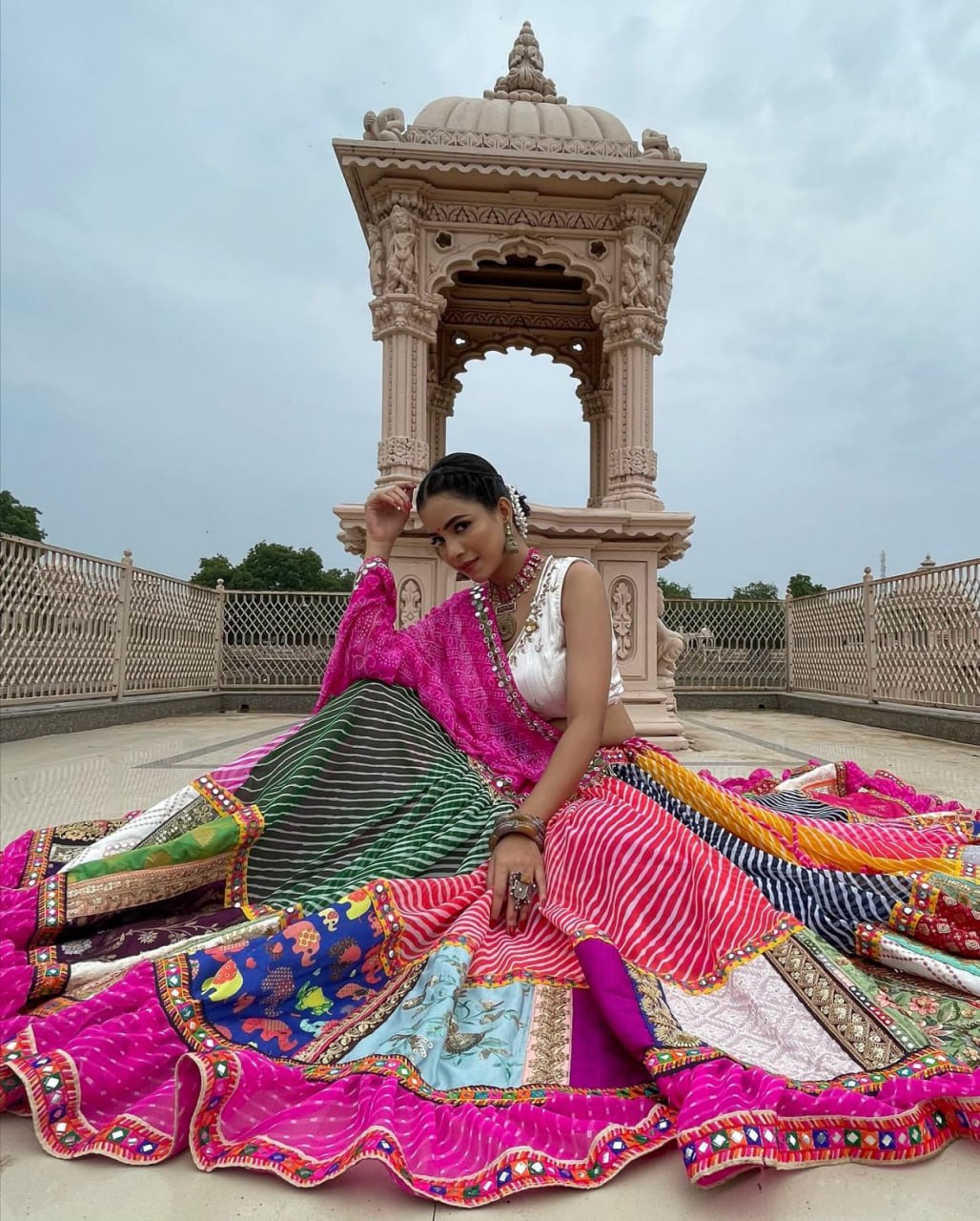 Pink Multicolor Fancy Digital Print With Real Mirror Work Navaratri Lehenga Choli