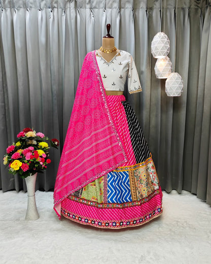 Pink Multicolor Fancy Digital Print With Real Mirror Work Navaratri Lehenga Choli