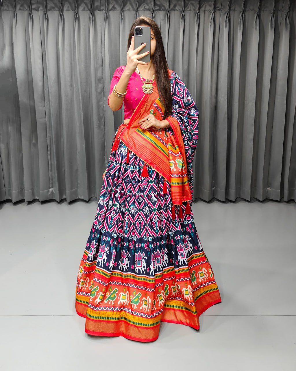 Blue Tussar Silk With Print Work With Can Can Navaratri Lehenga Choli