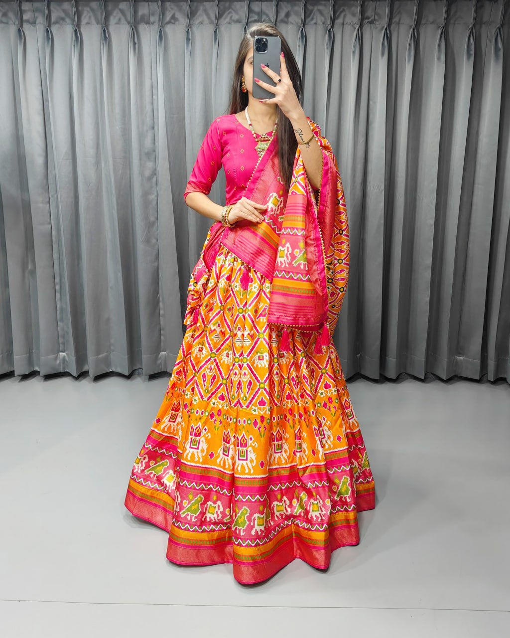 Orange Tussar Silk With Print Work With Can Can Navaratri Lehenga Choli