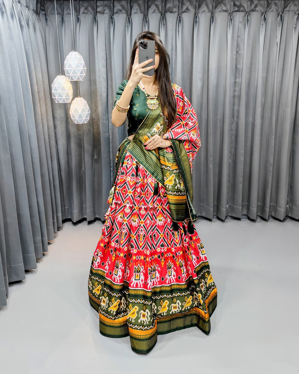 Red Tussar Silk With Print Work With Can Can Navaratri Lehenga Choli