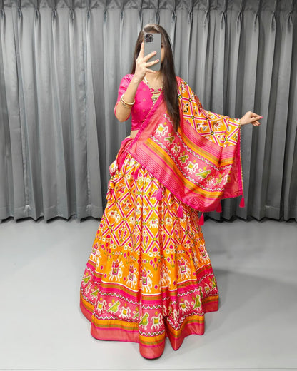 Orange Tussar Silk With Print Work With Can Can Navaratri Lehenga Choli