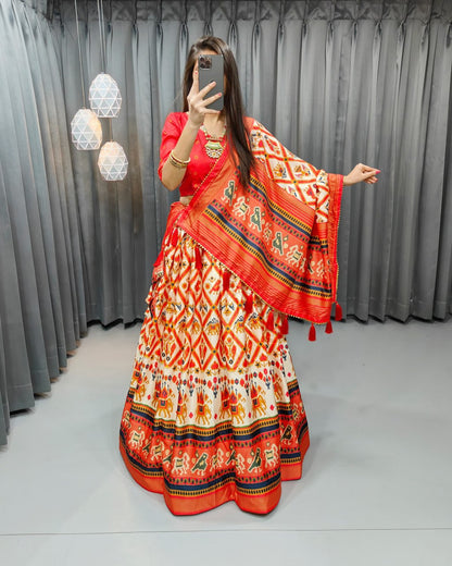 Orange Tussar Silk With Print Work With Can Can Navaratri Lehenga Choli