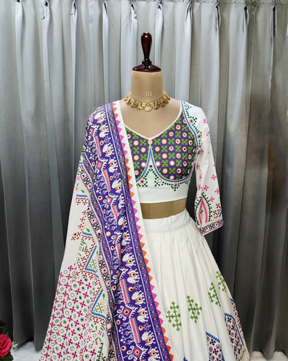 White Purple Fancy Digital Print With Real Mirror Work Navaratri Lehenga Choli