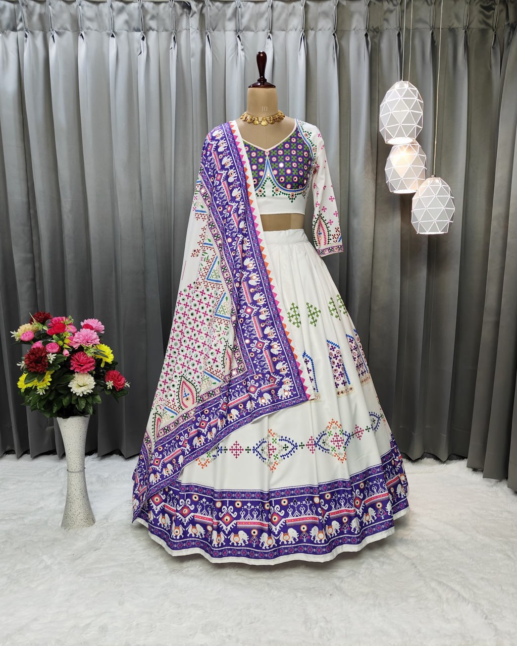 White Purple Fancy Digital Print With Real Mirror Work Navaratri Lehenga Choli