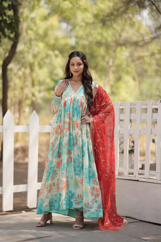 Sky Blue Premium Readymade Digital Printed Russian Silk Alia Cut Gown