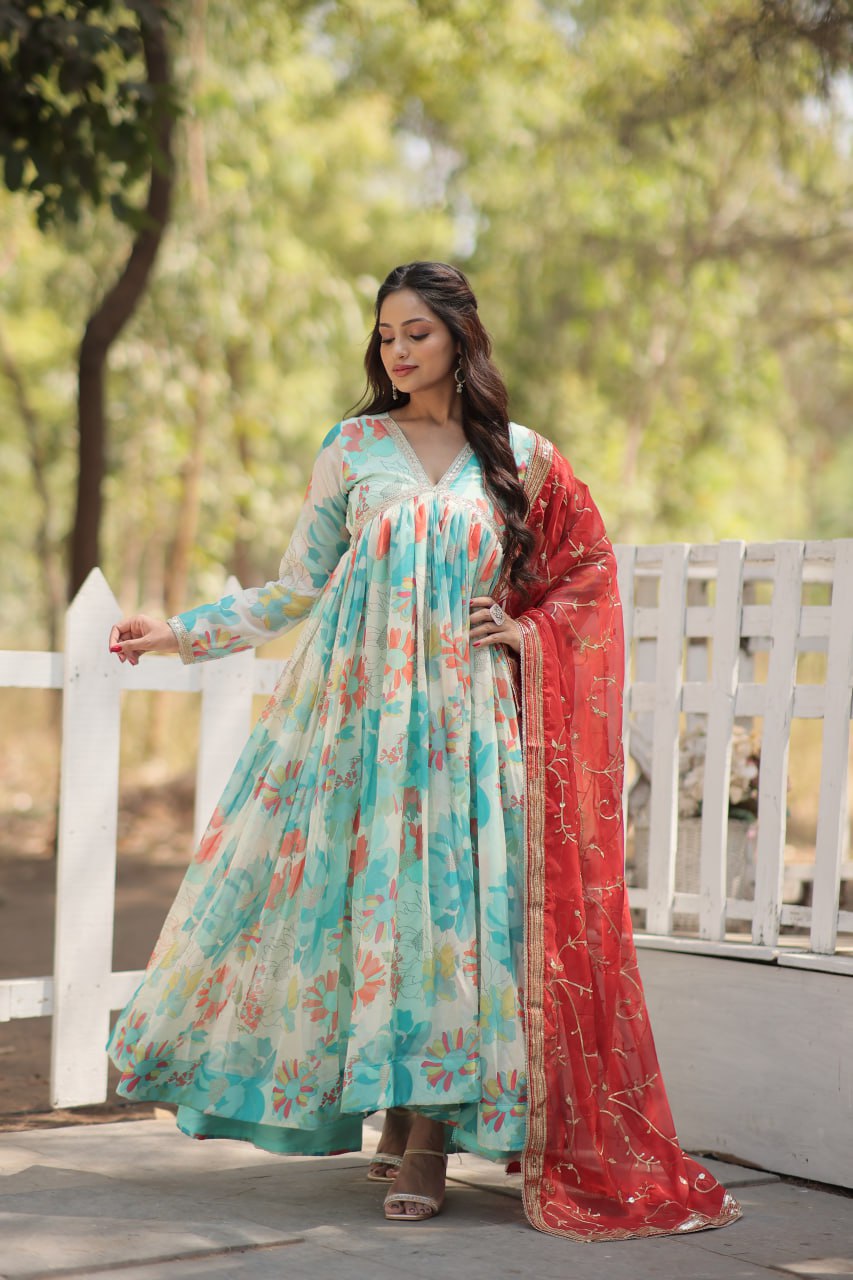 Sky Blue Premium Readymade Digital Printed Russian Silk Alia Cut Gown