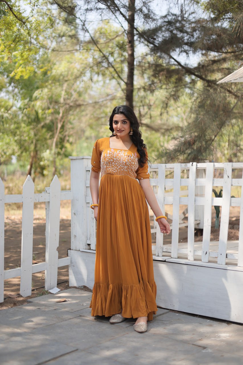 Yellow Faux Georgette With Sequins Multithreaded Embroidered Work Gown