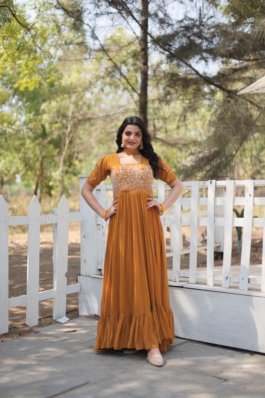 Yellow Faux Georgette With Sequins Multithreaded Embroidered Work Gown