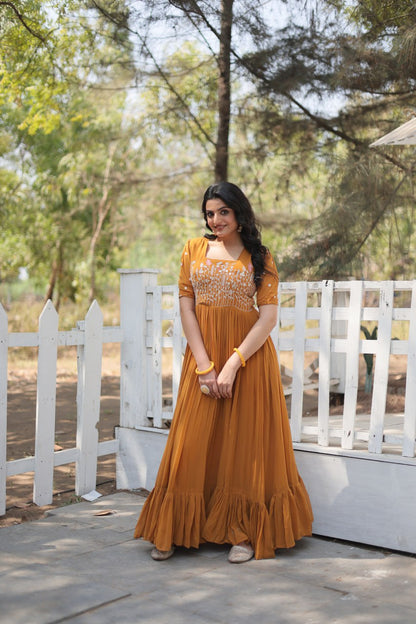 Yellow Faux Georgette With Sequins Multithreaded Embroidered Work Gown