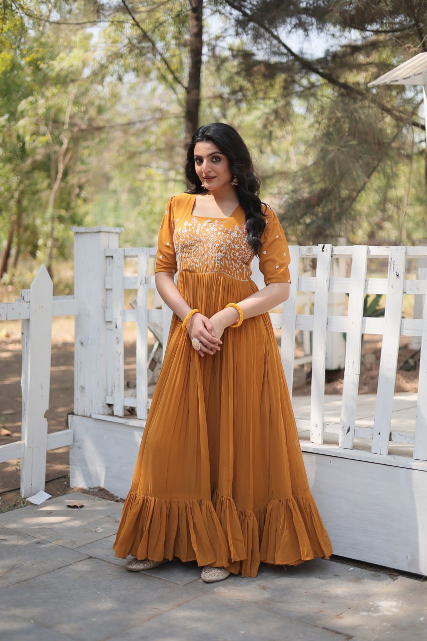 Yellow Faux Georgette With Sequins Multithreaded Embroidered Work Gown