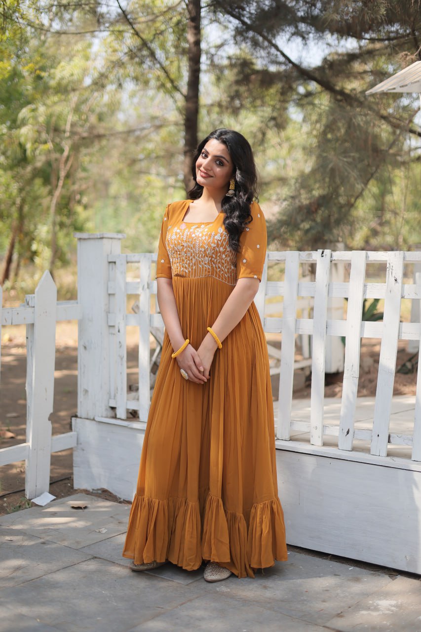 Yellow Faux Georgette With Sequins Multithreaded Embroidered Work Gown