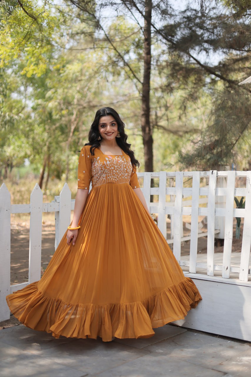 Yellow Faux Georgette With Sequins Multithreaded Embroidered Work Gown