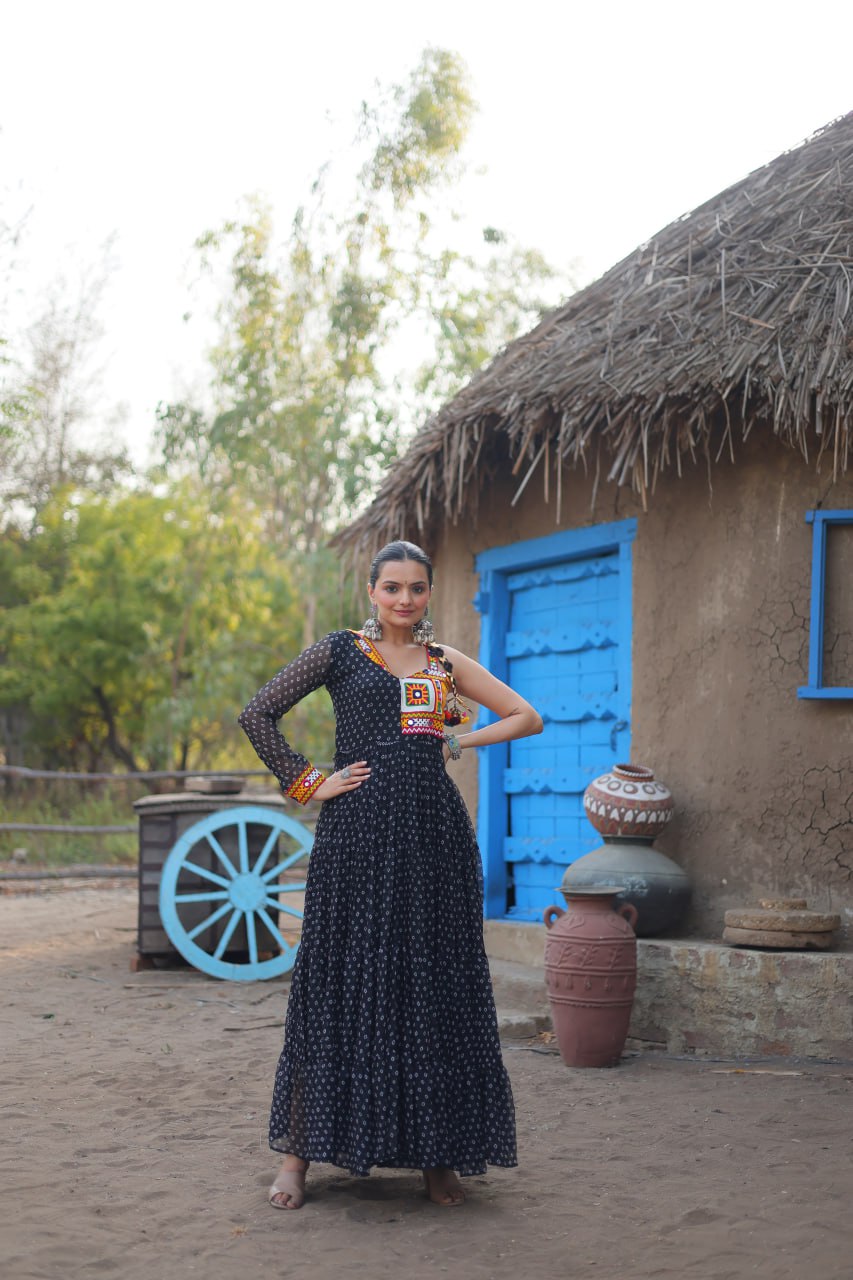 Black Bandhani Print Work With Kutchi Patchework In Faux Georgette Gown