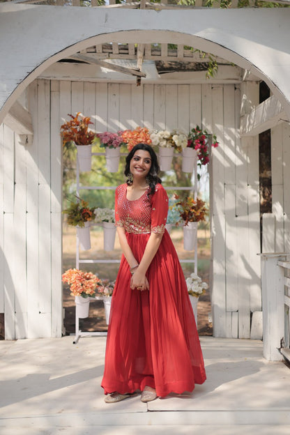 Orange Color Faux Blooming with Embroidery Zari Sequins Work Gown