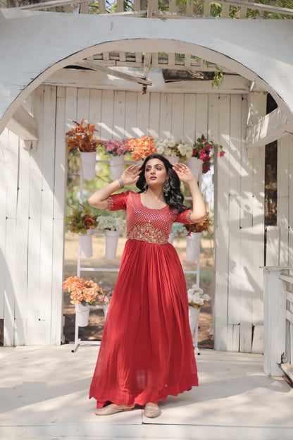 Orange Color Faux Blooming with Embroidery Zari Sequins Work Gown