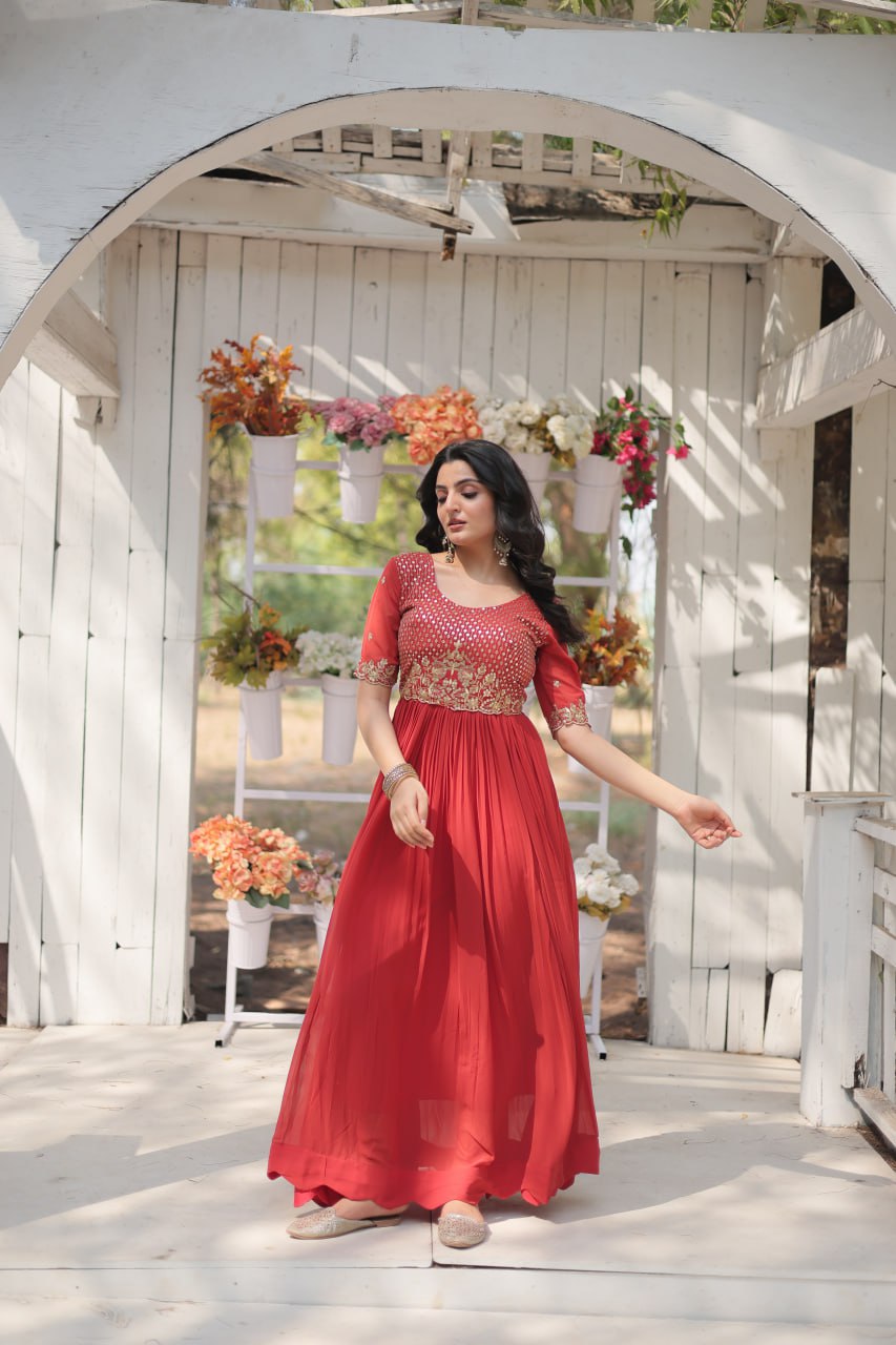 Orange Color Faux Blooming with Embroidery Zari Sequins Work Gown