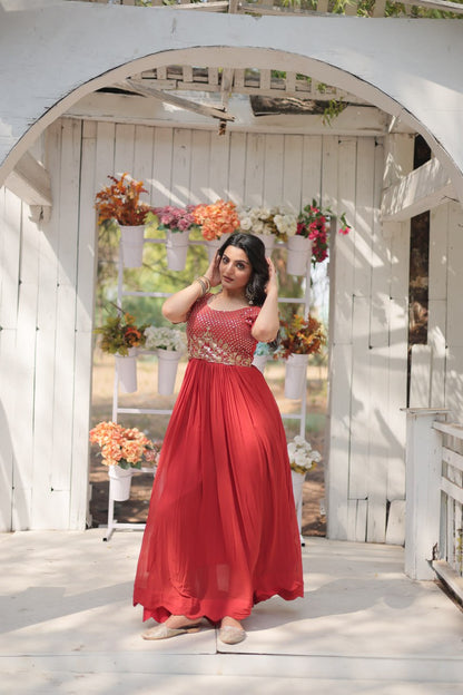 Orange Color Faux Blooming with Embroidery Zari Sequins Work Gown