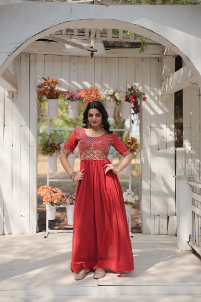 Orange Color Faux Blooming with Embroidery Zari Sequins Work Gown